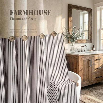 Farmhouse Shower Curtain Linen Beige Button Brown Stripe 48"W x 72"L