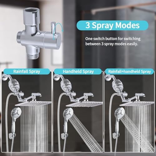 10'' Dual 20 Stage Filtered Shower Head with Handheld, 6 Spray Settings Handheld Shower Head High Pressure Rainfall Filter Combo with 12'' Adjustable Extension Arm, 71'' Shower Hose (Chrome Polished)