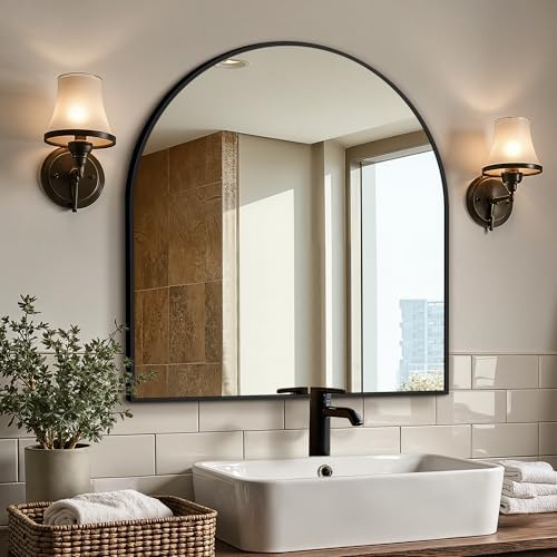 Arched Bathroom Vanity Mirror for Over Sink, 32”x30”, Black