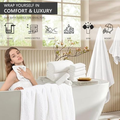 8 Piece Bath Towel Set White|2 Oversized Large Bath Sheet,2 Hand Towels,4 Washcloths| Ultra Soft Cozy Bath Towel Set for Bathroom Hotel Gym Spa,Highly Absorbent & Quick Dry Bathroom Towel Collections