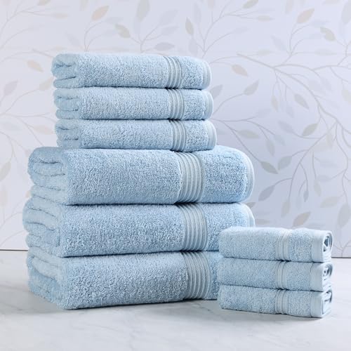 Superior Egyptian Cotton 9-Piece Towel Set, Assorted Towels for Home Bathroom, Guest Bath Decor Essentials, Includes 3 Bath, 3 Hand, 3 Face Towels/Washcloths, Quick Dry, Absorbent - Light Blue