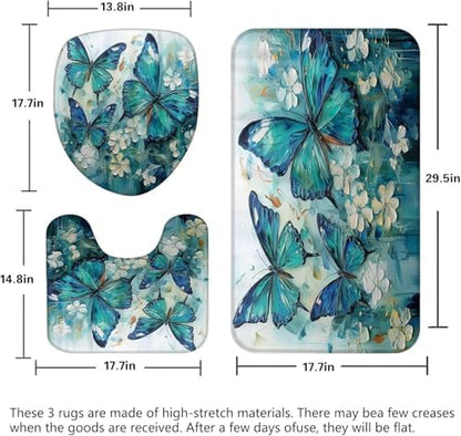 Chrainy 4pcs Green Butterfly Shower Cutain Set Bathroom Decor with Rugs