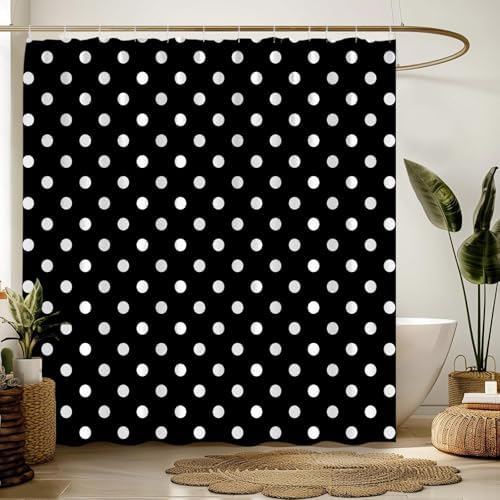 Polka Dot Shower Curtain Black White Retro Spot Vintage Fabric Decorative Bathroom Curtains with Hooks,67" Wx70 H