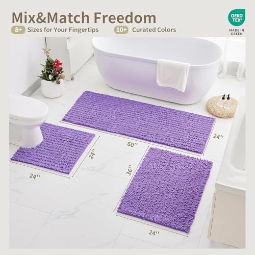 Bathroom Rugs Non Slip Washable 44x24, Extra Thick Soft Chenille Absorbent Bath Mat, High Density Barrier Non Slip Backing, Quick Dry Plush Shaggy Floor Carpet for Tub&Shower, Purple