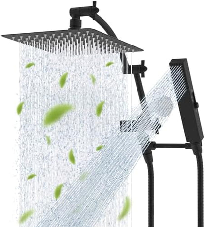 Hibbent All Metal CUPC Certified 10'' Rainfall Shower Head, Dual Shower Head Combo, High Pressure Handheld 4 Sprays Shower Wand, 16'' Adjustable Extension Arm, 71'' Hose, Shower Holder, Matte Black