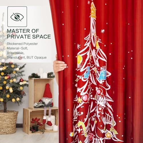Shower Curtain Christmas, Holiday Shower Curtain Red Christmas Tree Candy Cane Stocking Jingle Bells Bulb Winter ShowerCurtain Waterproof Fabric Machine Washable Home Farmhouse Decor Bath Curtains