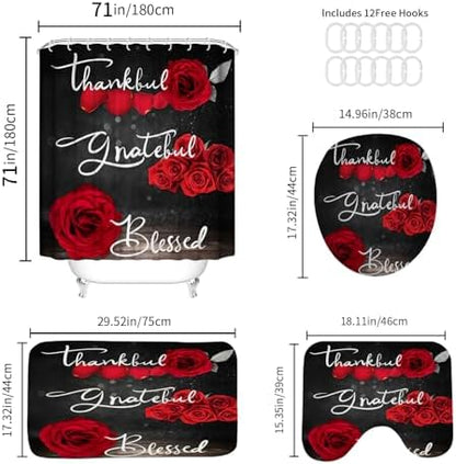 Onalasyc 4Pcs Red Rose Floral Shower Curtain with Rugs Set