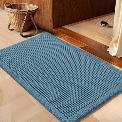IM HOME Waffle Bath Mat Blue 32"x20", Boho Woven Modern Bath Mat Rugs, Absorbent Non Slip Bathroom Rugs, Soft Washable Bath Rugs with Tassels for Bedroom, Kitchen, Shower, Tub