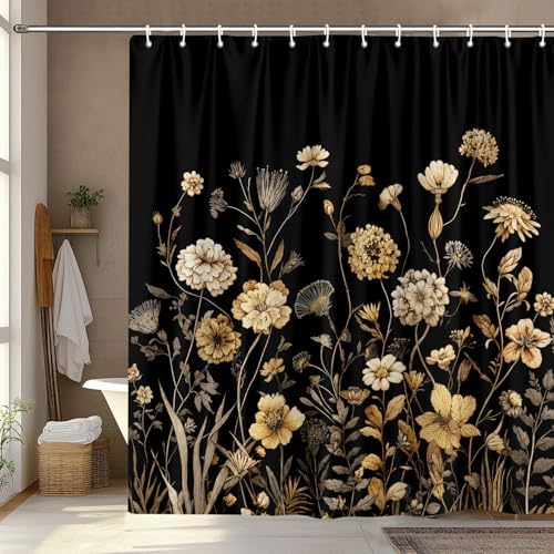 Vintage Boho Black Gold Floral Shower Curtain, Rustic Farmhouse Flower Shower Curtain Set, Cute Botanical Wlidflowers Fabric Shower Curtains Decoration, 72X72 Aesthetic Bathroom Accessories