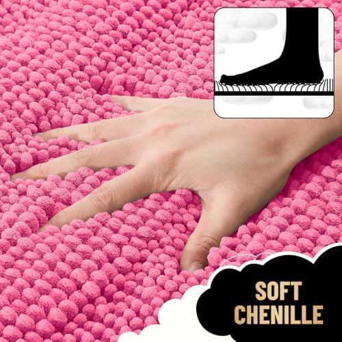 OLANLY Thick Bathroom Rugs 30x20, Soft Chenille Striped Bath Rugs, Hot Pink