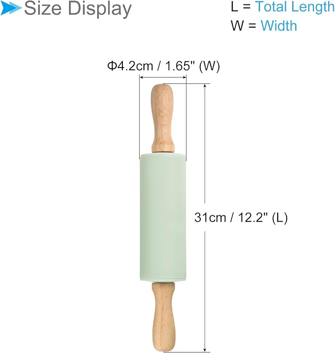 Silicone Rolling Pins, 12.2" Length, Silicone & Oak Non-Stick Ergonomic Wooden Handle Fondant Dough Roller Light Green - (Applications: for Baking DIY Projects)