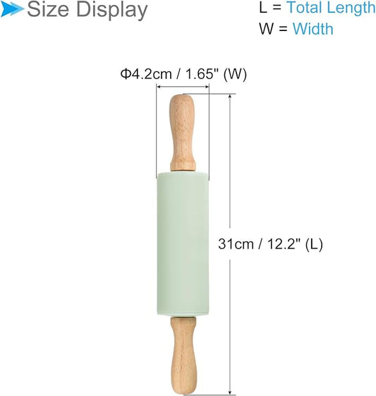 Silicone Rolling Pins, 12.2" Length, Silicone & Oak Non-Stick Ergonomic Wooden Handle Fondant Dough Roller Light Green - (Applications: for Baking DIY Projects)