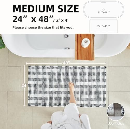 TYUU Waffle Bath Mat, Checkered Bathroom Rugs Non Slip, 48x24 Black & White