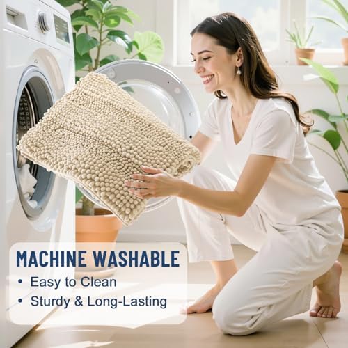 Grandaily Chenille Striped Bathroom Rugs 47x32, Extra Thick and Soft Absorbent Bath Mats, Rubber Backing, Plush Shaggy Shower Carpet, Machine Wash Dry, Bath Rug for Bathroom, Light Beige
