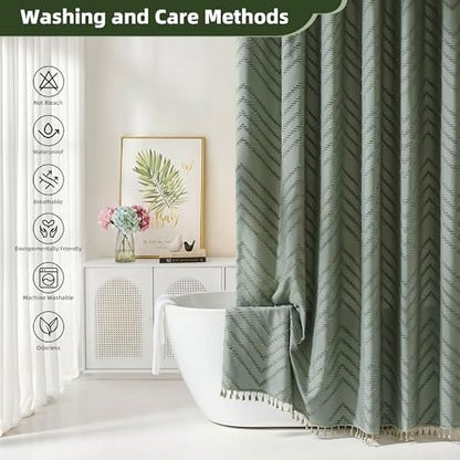 Siiluminisoy Extra Long Sage Green Boho Shower Curtain with Tassel, Woven Fabric 84 in Shower Curtain, Tufted Chevron Striped, 72 x 84, Modern Chic Textured Minimalist Bathroom Shower