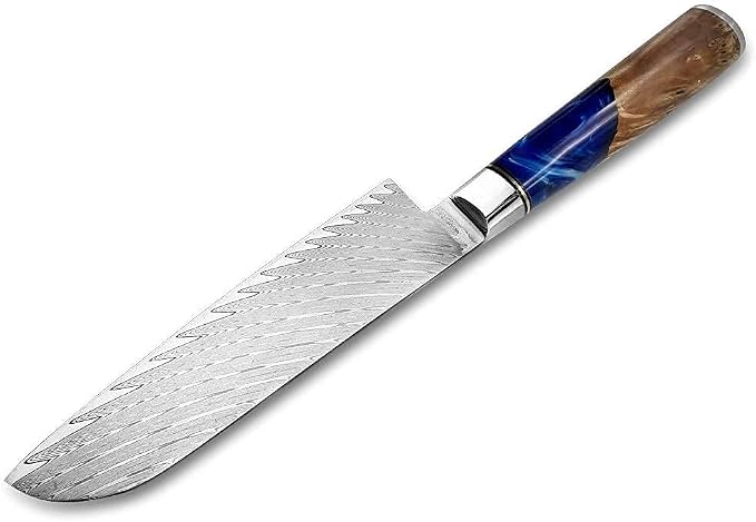 Real Damascus Steel Santouku Knife VG-10 Core Japanese Steel Kitchen Knives for Meat & Vegetable, Cooking Cutlery with Sheath