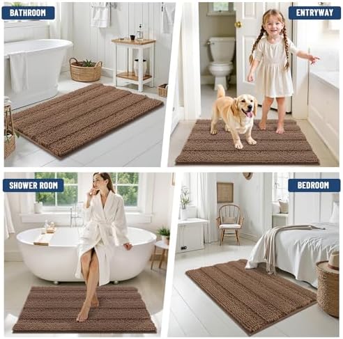 Grandaily Chenille Striped Bathroom Rugs 30x20, Extra Thick and Soft Absorbent Bath Mats, Rubber Backing, Plush Shaggy Shower Carpet, Machine Wash Dry, Bath Rug for Bathroom, Mocha