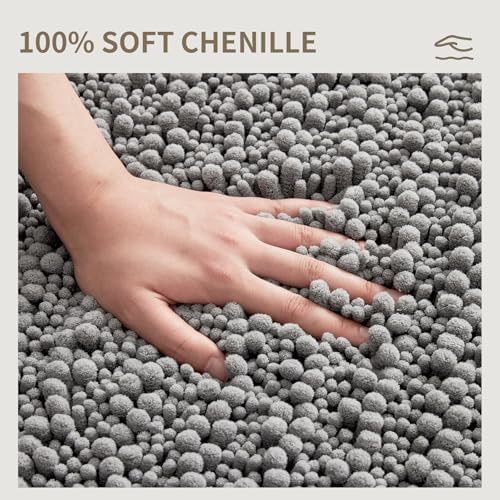 Bathroom Rugs Non Slip Washable 60x24, Extra Thick Soft Chenille Absorbent Bath Mat, High Density Barrier Non Slip Backing, Quick Dry Plush Shaggy Floor Carpet for Tub&Shower, Grey