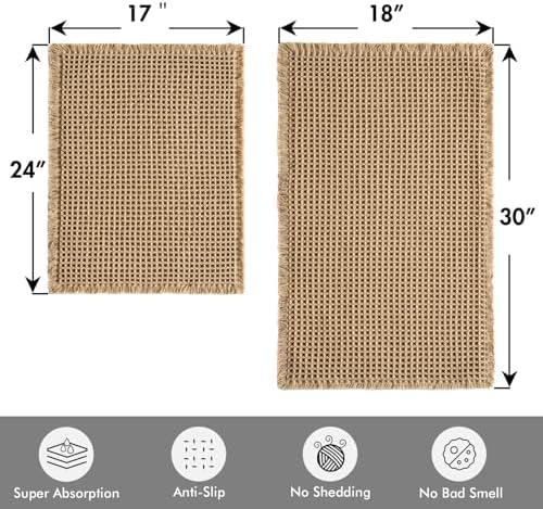 MIULEE Set of 2 Waffle Bathroom Rugs Boho Bath Mat Brown 17"x24"+18"x30"
