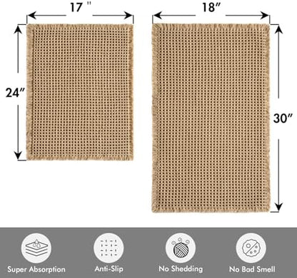 MIULEE Set of 2 Waffle Bathroom Rugs Boho Bath Mat Brown 17"x24"+18"x30"