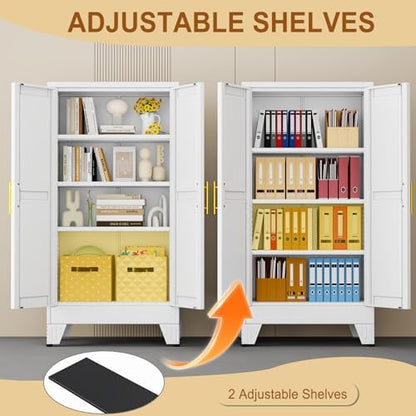 47" White Metal Storage Cabinet with 2 Doors and 3 Adjustable Shelves,Steel Garage Tool Cabinet, File Cabinet,Kitchen Pantry Cabinet for Home,Office,Garage,School,Warehouse