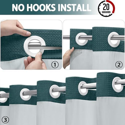 No Hook Shower Curtain with Liner Set Hotel Waffle Seaweed Green 72W X 75L
