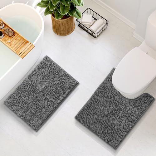Hearth & Harbor Bathroom Rugs, Chenille Bath Mat - Machine Washable Bath Mats for Bathroom Non-Slip Backing Rubber, Quick Dry Bathroom Mat - Grey 17x24-20x24