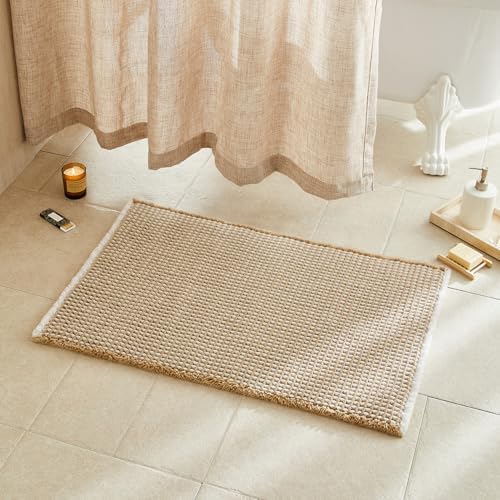TYUU Waffle Bath Mat, Boho Bathroom Rugs Non Slip, 36x24 Khaki & White