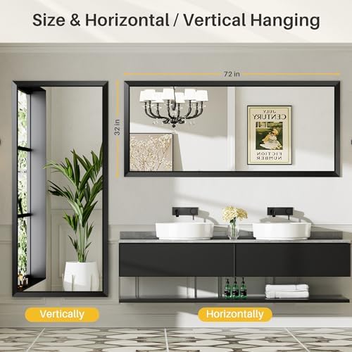 Briivue Black Metal Framed Bathroom Wall Mirror, 72x32 Inch
