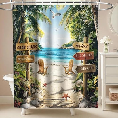 Funny Beach Rustic Shower Curtain, Ocean Coastal Tropical Palm Tree Inspirational Shower Curtains for Bathroom, Waterproof Bath Curtain with Hooks Machine Washable Bathtub Curtains 72x72 Inch Green