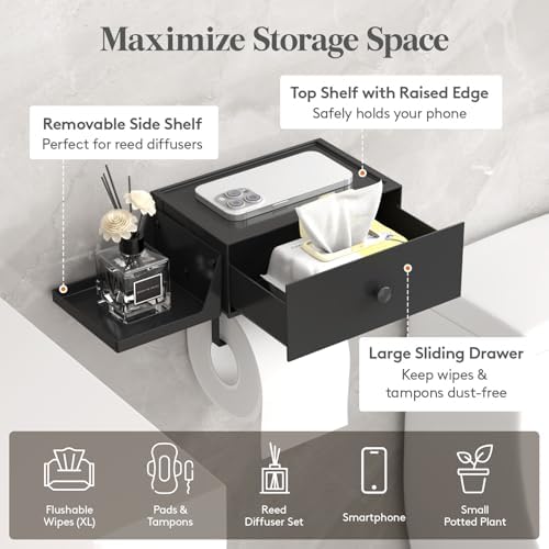Lifewit Toilet Paper Holder Wall Mount with Shelf & Drawer, Black, 2 Pack