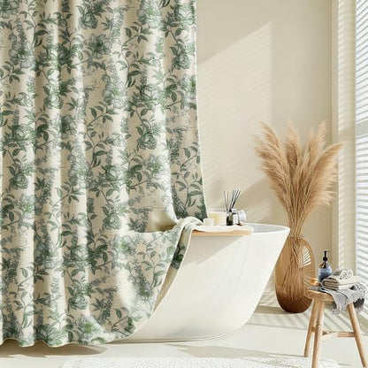 Farmhouse Sage Green Floral Shower Curtain with 12 Clear Rings 72"W x 84"L