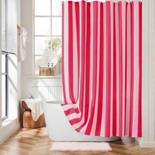 Ohocut Vertical Striped Shower Curtain, Cute Retro Vintage Stripe Farmhouse Bathroom Shower Curtain, Waterproof Polyester Fabric Modern Shower Curtain for Bathroom 72x72 Inches (Double Pink)