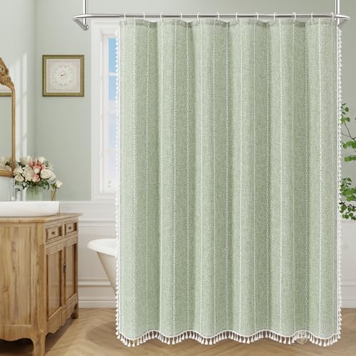 Boho Farmhouse Tassel Linen Shower Curtain,3D Embroidery Stripe Sage,48x72