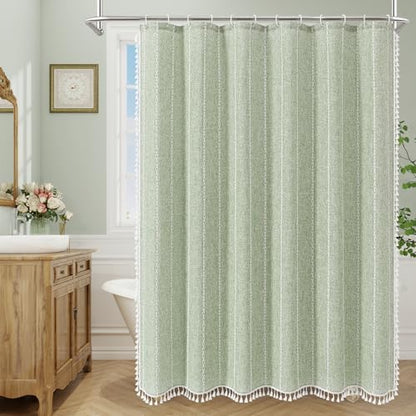Boho Farmhouse Tassel Linen Shower Curtain,3D Embroidery Stripe Sage,72x96