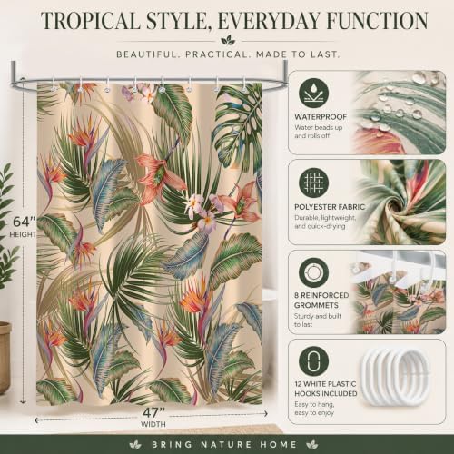 Tropical Shower Curtain, Colourful Leaves Floral Palm Leaf Hawaiian Botanical Plant Bathroom Decor, Waterproof Cloth Fabric Bath Curtain with Hooks 47 x 64 inch