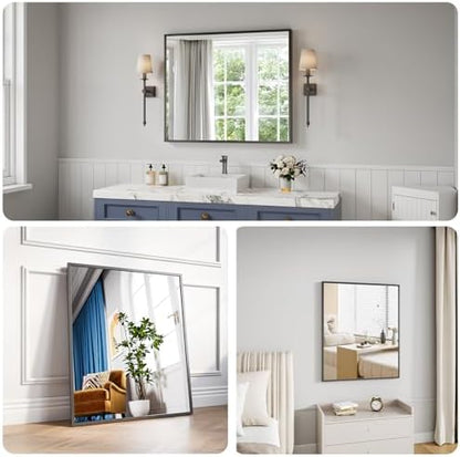 Koonmi Bathroom Mirror for Wall, 30"x36" Black Bathroom Mirror for Over Sink, Shatterproof Tempered Glass Vanity Mirror with Anti-Rust Aluminum Alloy Frame, Hang Horizontally or Vertically