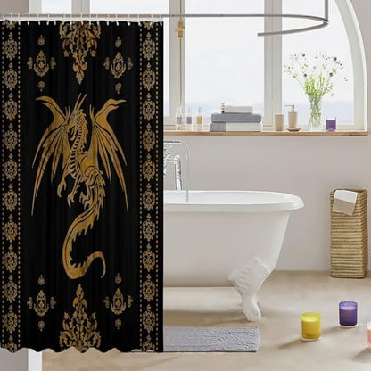 Feelyou Dragon Shower Curtain Kids Boys Teens Gothic Damask Paisley Floral Bathroom Waterproof Accessories with 12 Hooks 72x84 Inches Women Bohemian Exotic Animal Theme Room Decor,Gold Black