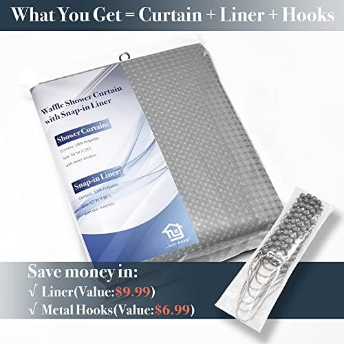 N&Y HOME 54 x 78 Waffle Weave Shower Curtain with Snap-in Liner Set Gray