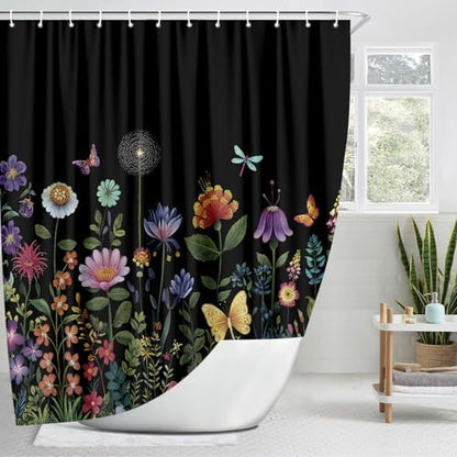 Black Floral Shower Curtain, Cute Colorful Wildflower Aesthetic Shower Curtain for Bathroom, Dark Flowers Rustic Farmhouse Botanical Vintage Shower Curtains with Hooks 72X72 Inch Gothic Witchy Plant