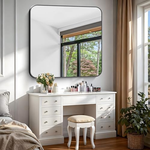 Black Bathroom Mirror, 38x40 inch Aluminum Metal Frame Rectangular Vanity Mirror, Large Wall Mounted Rectangle Mirrors with Rounded Corner for Over Sink Bedroom Living Room Horizontal/Vertical