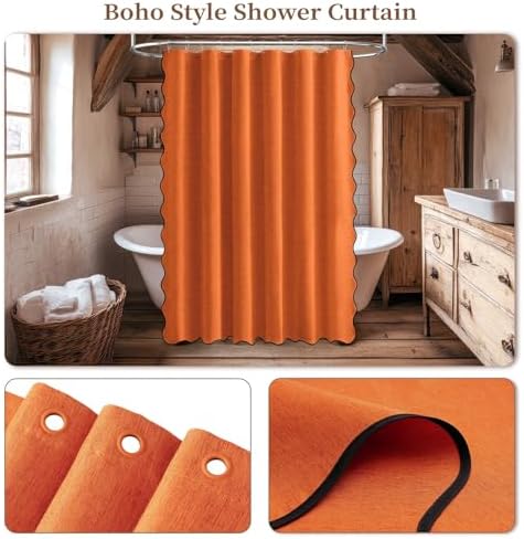 BTTN 72x96 Boho Scalloped Linen Textured Shower Curtain Set, Burnt Orange
