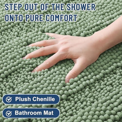 Grandaily Chenille Striped Bathroom Rugs 59x24, Extra Thick and Soft Absorbent Bath Mats, Rubber Backing, Plush Shaggy Shower Carpet, Machine Wash Dry, Bath Rug for Bathroom, Grayish Green