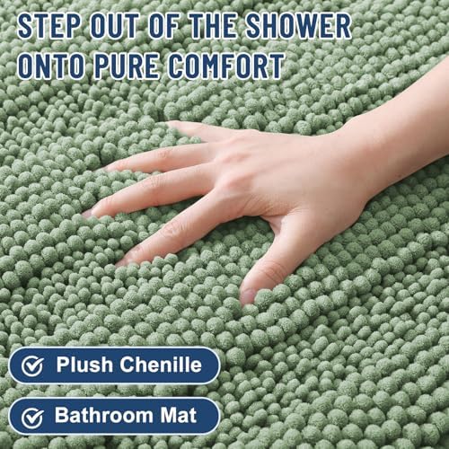 Grandaily Chenille Striped Bathroom Rugs 70x24, Extra Thick and Soft Absorbent Bath Mats, Rubber Backing, Plush Shaggy Shower Carpet, Machine Wash Dry, Bath Rug for Bathroom, Grayish Green