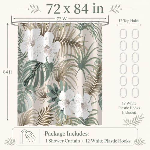 Tropical Shower Curtain for Bathroom, Green Palm Tree Flower Plant Boho Leaf Banana Monstera Sage Beige Shower Curtains Set, Fabric Bathroom Accessories with Hooks 72x84 Inch