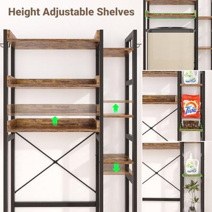 Besiost Over The Toilet Storage, 7 Tier Bathroom Organizer with Reversible Side Shelf and 2 Fabric Drawers, Adjustable Freestanding Rack Space Saver for Small Spaces, Rustic Brown