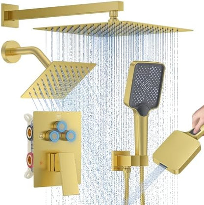 Woindo Shower Faucet Set, 12" Wall Mount Rainfall Shower System with 2 Rain Shower Head and Multi-function Handheld Head Push Button Diverter Shower Faucet Trim Kit