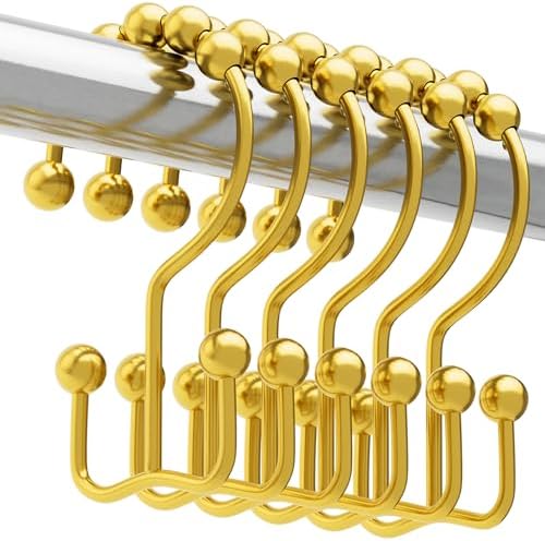 Titanker Shower Curtain Hooks Rings Gold, Metal Double Glide Shower Hooks Rings for Bathroom Shower Rods Curtains, Set of 12 Hooks - Dark Gold