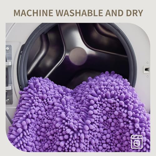 Bathroom Rugs Non Slip Washable 60x24, Extra Thick Soft Chenille Absorbent Bath Mat, High Density Barrier Non Slip Backing, Quick Dry Plush Shaggy Floor Carpet for Tub&Shower, Purple