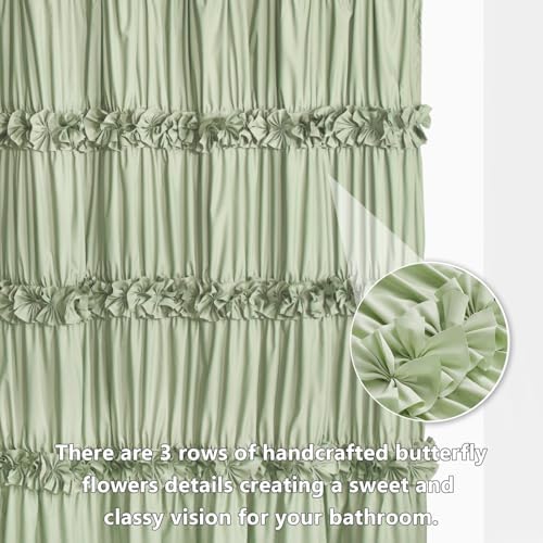 Homechoice Decor Sage Ruffle Shower Curtain, Handcrafted Bow Tie